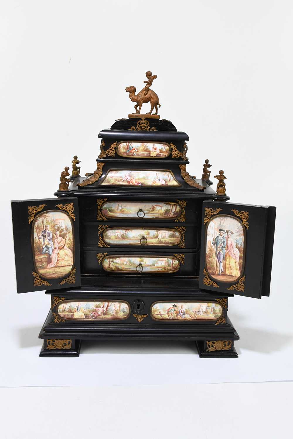 A fine quality 19th century ebonised wood table cabinet with Viennese enamel style panels, with gilt - Image 6 of 20
