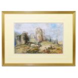 FREDERICK DAVIS; watercolour, figures in front of castle ruins, signed lower left, 39 x 24cm, framed