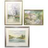 † LES HARRIS (1924-2008); watercolour, river scene with cottages, signed, 26 x 35cm, together with
