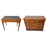 An early 20th century oak writing table with blue leather inset top above two drawers on spade feet,