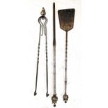 A set of three George III style brass fire tools, length of poker 89cm.