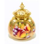 ROYAL WORCESTER; a hand painted potpourri and cover decorated with fruit, indistinctly signed, black