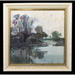 † THEODORE CHARLES BASIL HITCHCOCK (1892-1953); oil on board, a boathouse on lake, signed lower