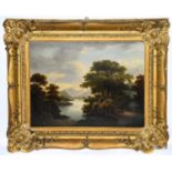 19TH CENTURY SCHOOL; large oil on canvas, river scene with a mountainous landscape to the