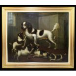 18TH CENTURY SCHOOL; oil on canvas, bitch spaniel with four pups, in interior scene, unsigned, 62