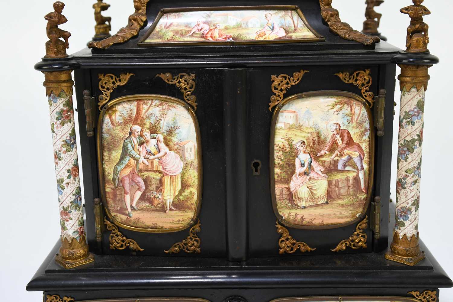 A fine quality 19th century ebonised wood table cabinet with Viennese enamel style panels, with gilt - Image 4 of 20