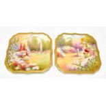 J. PRICE FOR ROYAL DOULTON; two hand painted square shaped cabinet plates, 'Drakelowe,