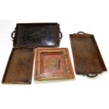 Three Indian hardwood trays and a painted small square sectioned window panel (4).