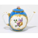 SEVRES; a 19th century hand painted miniature teapot of bulbous form, the cover with applied