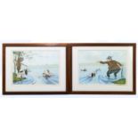 BORIS O’KEEFE; a pair of humorous hunting prints, signed, 21.5 x 30cm, each framed and glazed (2).