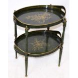 A green and gilt painted two tier butler's tray on stand, on turned column supports, width 48cm,