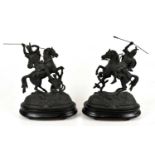 A pair of spelter Teutonic Warriors on horseback in the Wagnerian tradition circa 1870 on wooden