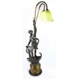 An early 20th century bronzed spelter figural table lamp, modelled as a male figure holding a torch,