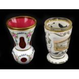 Two 19th century Bohemian glass vases, one decorated with a building, height 12cm, the other