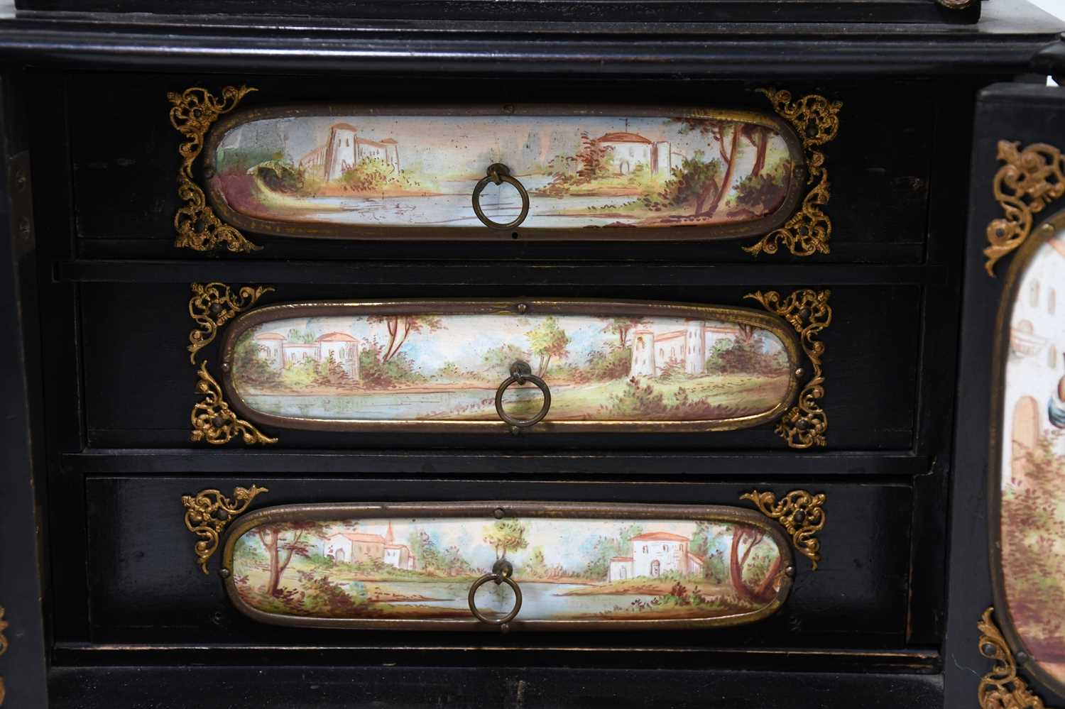A fine quality 19th century ebonised wood table cabinet with Viennese enamel style panels, with gilt - Image 8 of 20