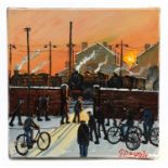 † JAMES DOWNIE (born 1949); oil on canvas, 'The Engine Yard', signed, 30 x 30cm, unframed.