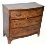 A 19th century mahogany bowfront chest of three drawers on bracket feet, width 95cm, depth 48cm,