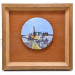 † PETER OLIVER (1927-2006); oil on panel, figure beside building diameter 12cm, unsigned, framed and