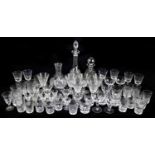 A collection of assorted cut glassware to include various glasses, decanters, tumblers, etc,