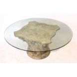 A modern composition Corinthian column coffee table, with circular glass top, height 50cm,