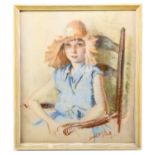 LANCELOT ROBERTS (1883-1950); pastel of a girl wearing a straw hat seated on an armchair, signed, 42