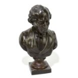 A late 19th century bronzed spelter bust of Charles Dickens, with indistinct moulded signature