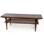 A mid-century teak rectangular coffee table with rattan effect undertier shelf, width 136cm, depth