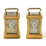 Two brass cased and porcelain mounted carriage clocks, the painted porcelain faces set with Roman