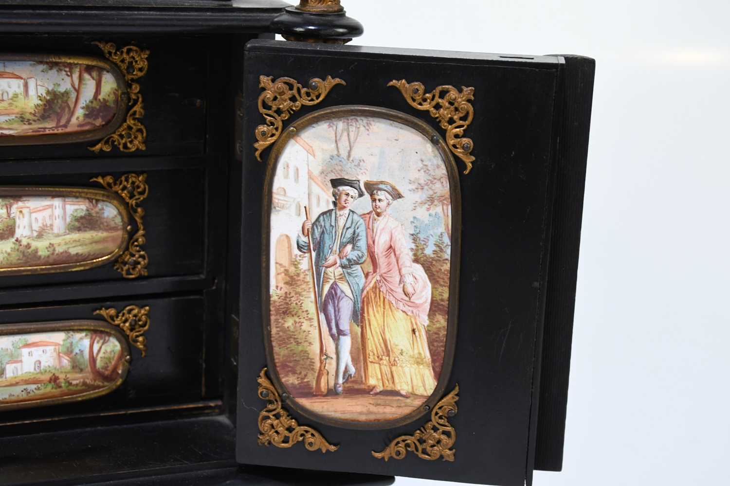 A fine quality 19th century ebonised wood table cabinet with Viennese enamel style panels, with gilt - Image 9 of 20