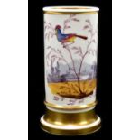 A 19th century hand painted cylindrical spill vase, decorated with an exotic bird in landscape