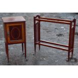 An Edwardian inlaid mahogany bedside cupboard and an Edwardian towel rail, height 82cm, width