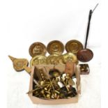 A collection of assorted metalware including various brass chairs, copper warming pan, bellows,