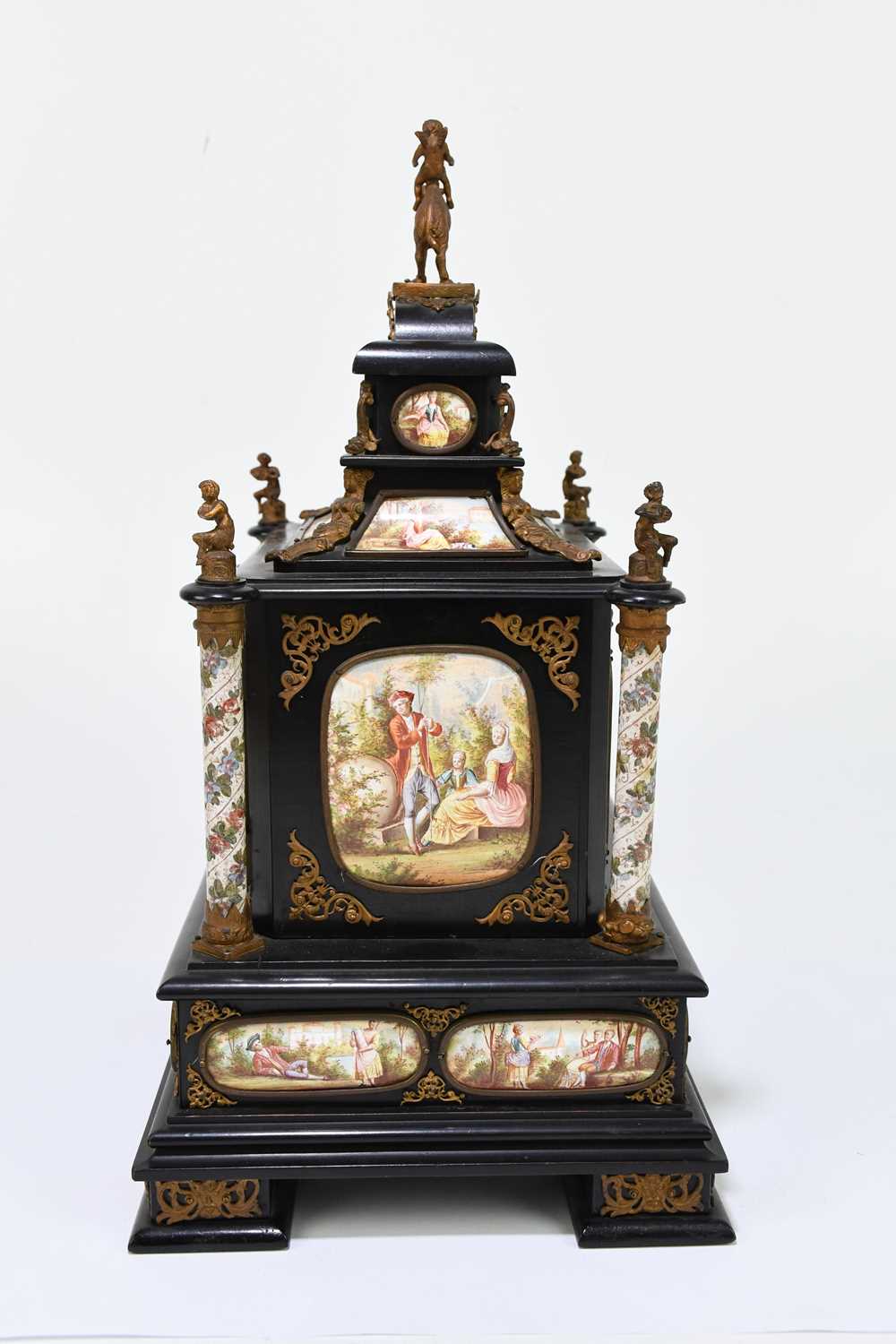 A fine quality 19th century ebonised wood table cabinet with Viennese enamel style panels, with gilt - Image 15 of 20