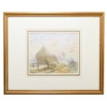 SIR GEORGE CLAUSEN RA (1852-1944); pencil and watercolour, a preparatory drawing with a hay thatch