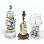 A 19th century Continental porcelain figural table lamp representing a male and female and floral