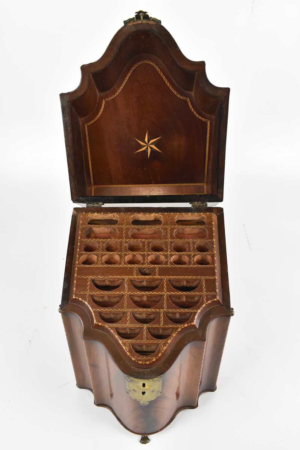 A George III inlaid mahogany serpentine shaped knife box, with compartmented interior, on brass - Image 4 of 5