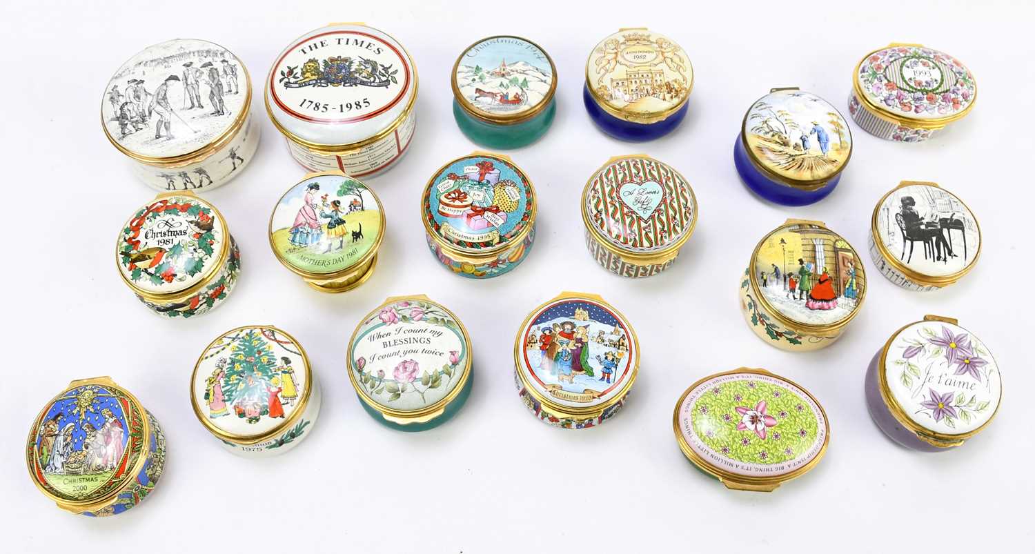 A collection of eighteen Halcyon Days and Bilston & Battersea enamel trinket boxes, various scenes