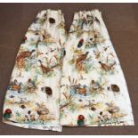 Two pairs of lined and interlined cotton Country House curtains, decorated throughout with wild fowl