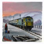 † JAMES DOWNIE (born 1949); oil on canvas, figure with dog beside train, signed, 30 x 30cm,