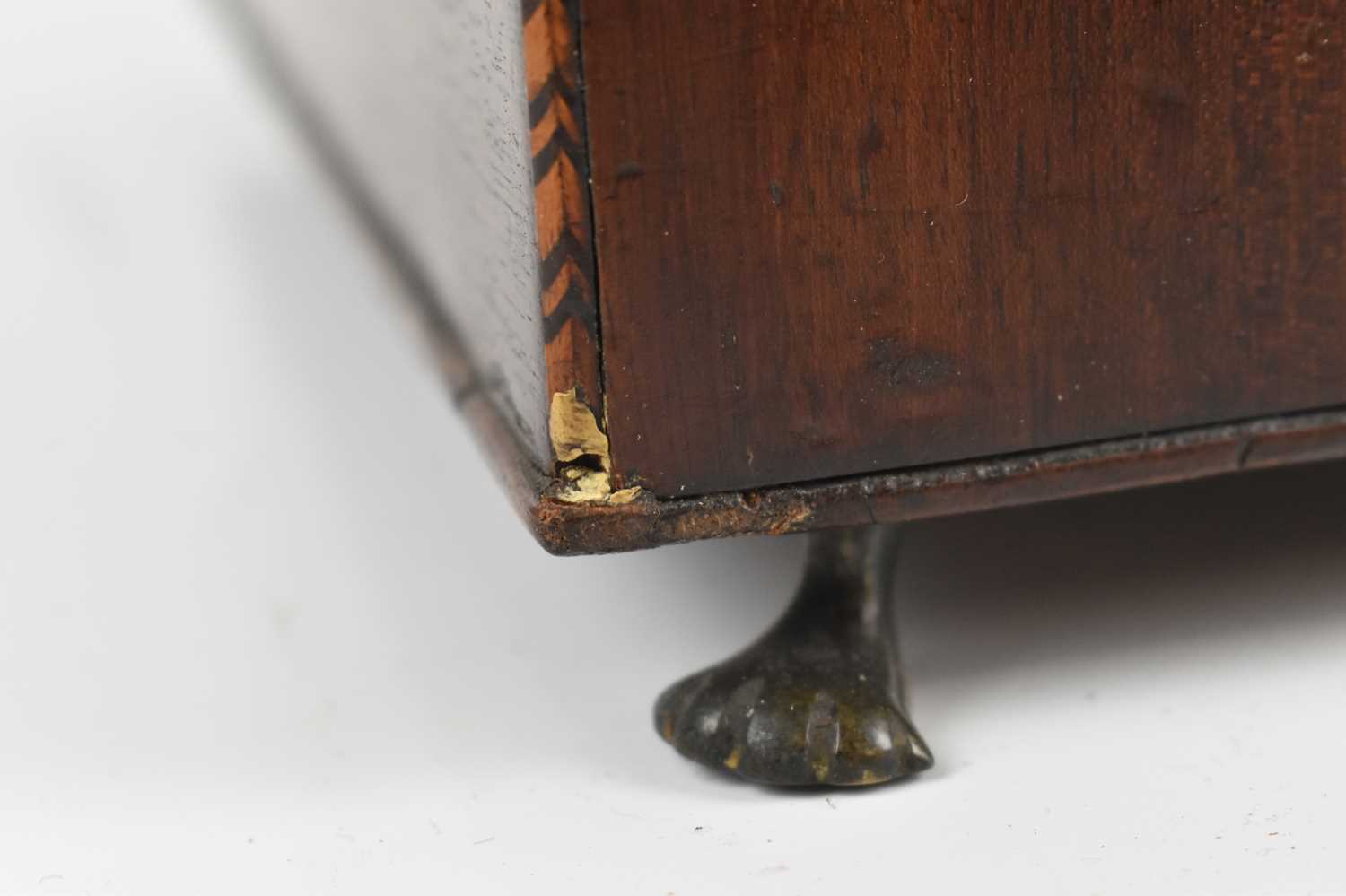 A George III inlaid mahogany serpentine shaped knife box, with compartmented interior, on brass - Image 5 of 5