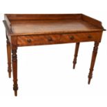 A 19th century satin walnut washstand with raised back and two drawers on turned column supports,