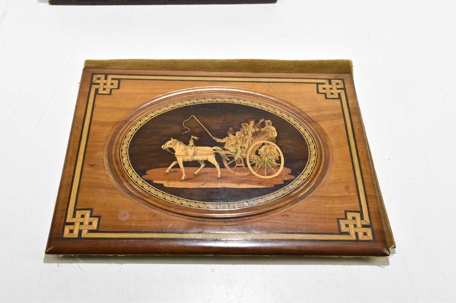 A late 19th century inlaid olive wood blotter case, possibly Sorrento, the central oval inlaid - Image 2 of 2