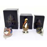 ROYAL CROWN DERBY; three animal form paperweights comprising ‘Chatsworth Coot’, ‘Brown Pelican’, ‘