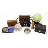 A small quantity of collectors' items to include a treen dice thrower, Brotschneidemaschine cased
