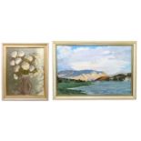 M WILSON; oil on board, still life, signed, 50 x 39cm, and an oil on board by Robin Huxley of a
