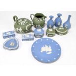 WEDGWOOD; a small collection of assorted Jasperware to include teapot, a pair of trinket boxes and