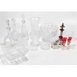 A quantity of glassware including Bohemian ruby decanter with stopper, three further decanters,