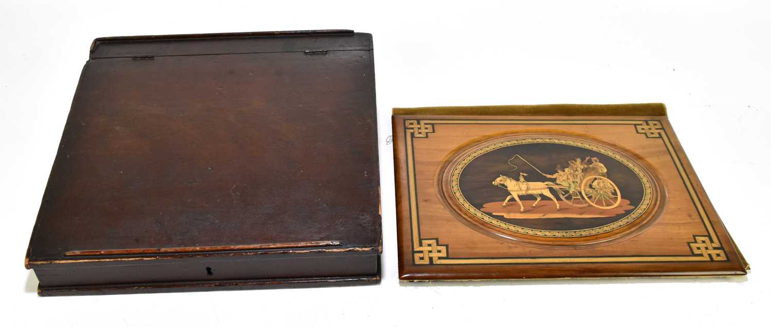 A late 19th century inlaid olive wood blotter case, possibly Sorrento, the central oval inlaid