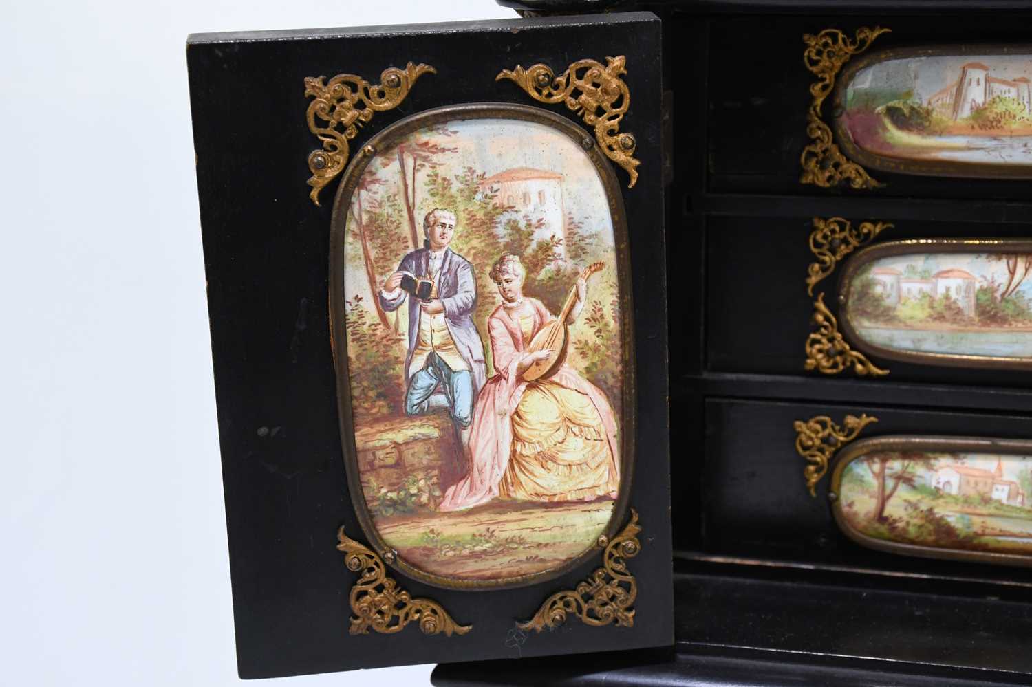 A fine quality 19th century ebonised wood table cabinet with Viennese enamel style panels, with gilt - Image 7 of 20