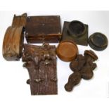 A collection of assorted treen items, to include a 19th century rosewood work box (af), a carved